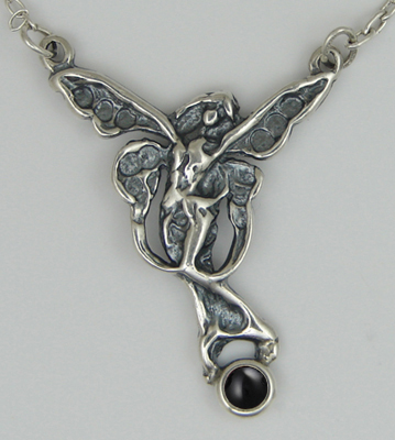 Sterling Silver Victorian Winged Fairy Necklace With Black Onyx